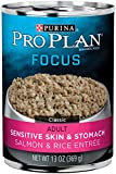 Purina Pro Plan Wet Dog Food, Focus,  Adult Sensitive Skin & Stomach Salmon & Rice Entrée, 13-Ounce Can, Pack of 12