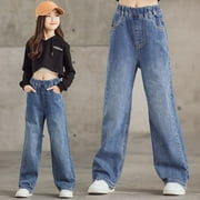 Fouhkni Kids Girls Jeans Pants Casual Wide Leg Baggy Elastic Waisted Juniors Denim Pants with Pockets